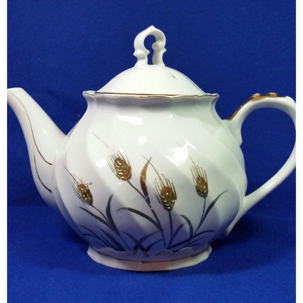 Vintage Lefton Golden Wheat Teapot 4 Cup 1950's White and Gold AS IS